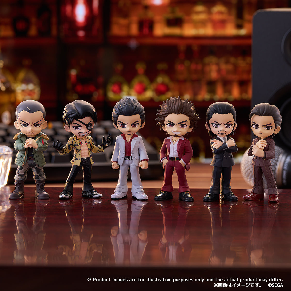 PalVerse Like a Dragon blind box - all six character figures in a bar display